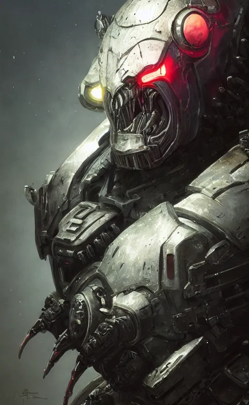 Prompt: a beautiful artwork illustration, a cybernetic orc design in platinum armor, mechanical, led lights, volumetric fog, godrays, high contrast, high contrast, high contrast, vibrant colors, vivid colors, high saturation, by Greg Rutkowski and Jesper Ejsing and Raymond Swanland, featured on artstation, wide angle, vertical orientation