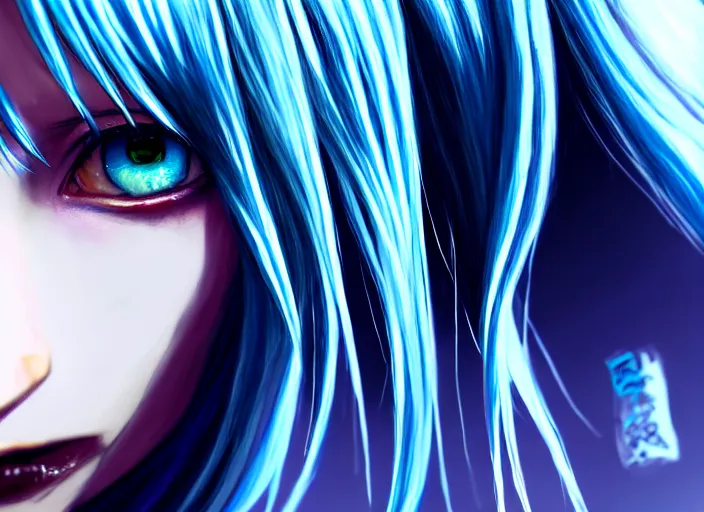 Image similar to full face shot of rimuru tempest, sky blue straight hair, long bangs, with amber eyes, wearing a black jacket, high collar, ultra detailed, concept art, award winning photography, digital painting, cinematic, wlop artstation, closeup, pixiv, evil, yoshitaka amano, andy warhol, ilya kuvshinov,