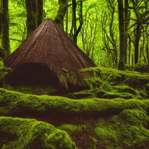 Image similar to A forest full of trees and moss, the scene contains a singular hut with a strange figure standing nearby, Photography, dark, intricate cube, Bleda, Elsa