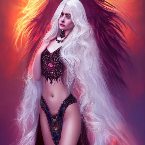 Image similar to Attractive young female fire angel, beautiful long white hair, wearing tumultus flames, intricate, highly detailed, elegant, digital painting, trending on artstation