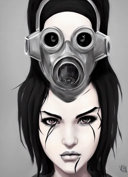 Image similar to face portrait of goth anime girl with black and white hair wearing a gas mask, symmetry, digital painting, trending on artstation and deviantart, epic composition, dynamic, highly detailed, ross draws, wlop, 8 k