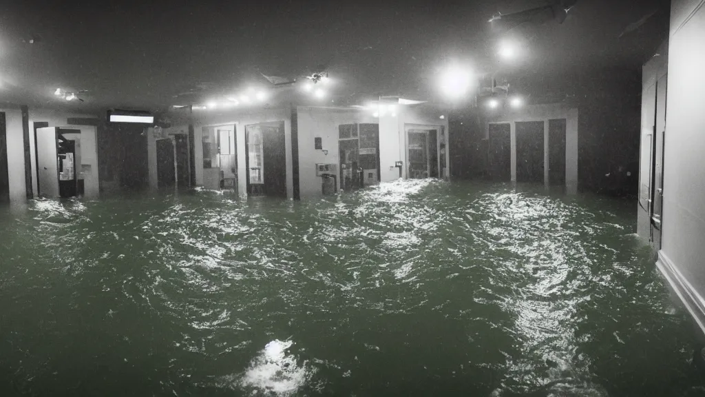 Prompt: photo of a green room getting flooded by a hurricane, high contrast lighting