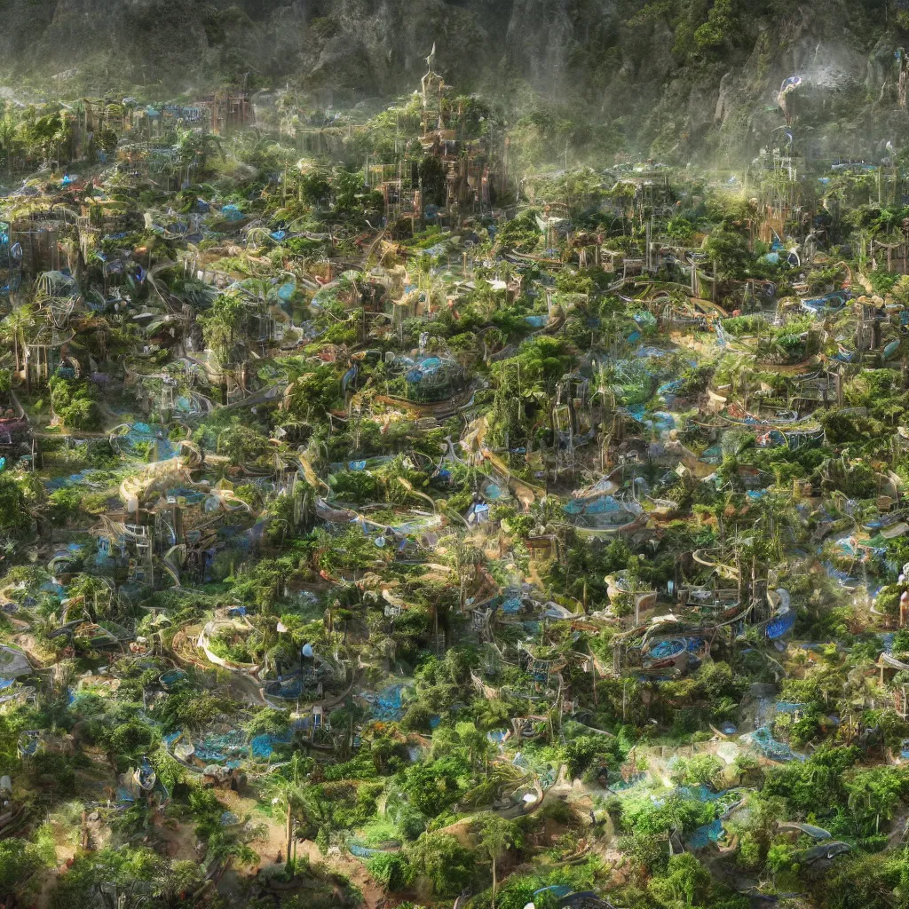 Image similar to solarpunk eco - city utopia, enchanted world, ancient nile winding river valley deep valley taken from 3 0 metres high, otherworldly, botanical garden, waterscape, overgrowing floral lush, glistening in the morning light, 8 k, cinematic shot, weta workshop, hyper realistic, cinematography by john boorman