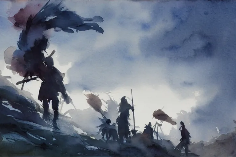 Image similar to small centered on watercolor paper, paint brush strokes, abstract watercolor painting of prehistoric human bird hunters at nightfall, dramatic cinematic light, national romanticism by hans dahl, by jesper ejsing, by anders zorn, by greg rutkowski, by greg manchess, by tyler edlin