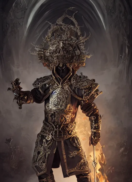 Image similar to high intricate male priest with white baroque armor and black garment fighting a fire demon, maria panfilova, andrea savchenko, mike kime, ludovic plouffe, qi sheng luo, oliver cook, trending on artstation