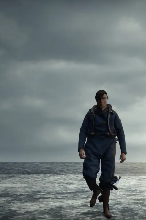 Image similar to Cillian Murphy wearing a old dive suit, walking out the ocean, dramatic, realistic, 8k, 4k, unreal engine