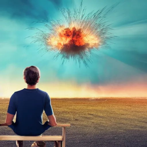 Prompt: last man on earth watching huge explosion while sitting on a chair, 8k, realistic