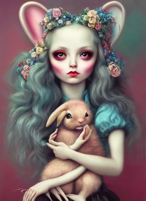 Prompt: pop surrealism, lowbrow art, realistic cute alice girl painting, holding bunny, hyper realism, muted colours, rococo, natalie shau, loreta lux, tom bagshaw, mark ryden, trevor brown style,