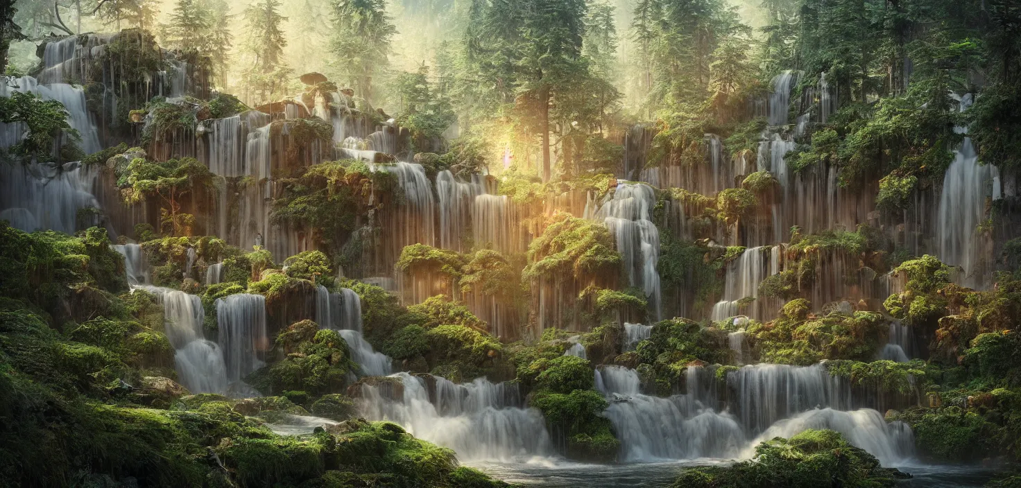 Prompt: beautiful big house in the forest, waterfall flows down from the mountain, octane render, fabulous, hyper detailed, random cinematic view, no noise, global illumination, warm lighting, volumetric, godrays, vivid, by jordan grimmer