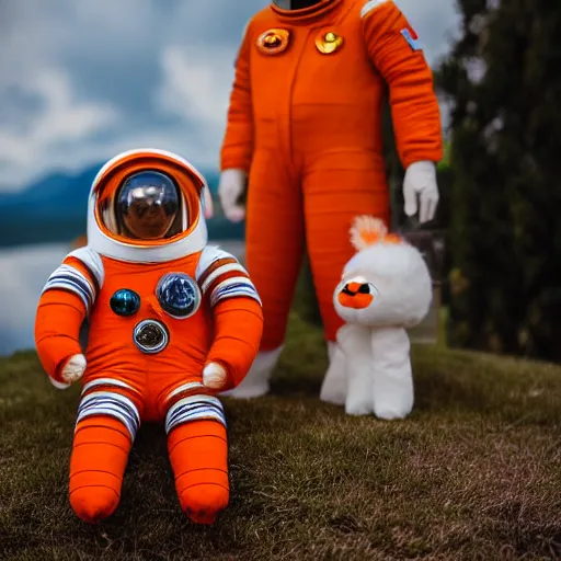 Image similar to Fumo plush of a Soviet cosmonaut in an orange spacesuit SK-1, Vostok-1, EOS-1D, f/1.4, ISO 200, 1/160s, 8K, RAW, unedited, symmetrical balance, in-frame