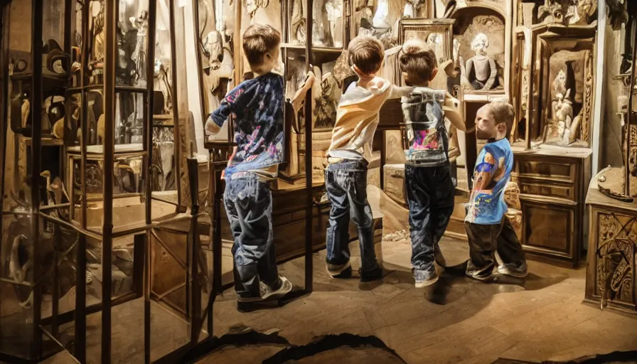 Prompt: three children playing in a giant cabinet of occult objects, museum, dark, realistic, intimidating