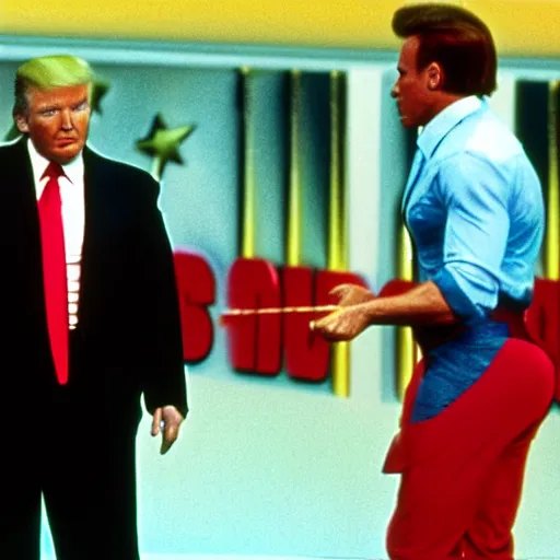 Prompt: movie still of donald trump as the gameshow host in arnold schwarzenegger's movie the running man. film quality