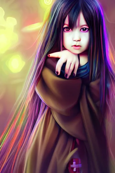 Image similar to mysterious girl child with her long black hair dressed in a chequered robe anime art style, big green diamond on her hand, digital art, hd, 4 k, hyper detailed