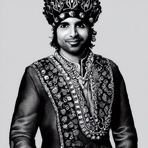 Image similar to portrait of kunal nayyar king of zamunda, with crown amd ornaments