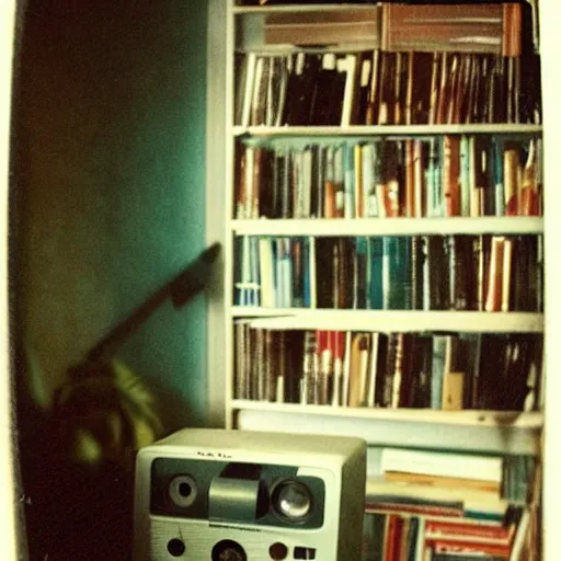 Prompt: a bookshelf full of dust, polaroid photo, perfect photo, photo pinterest