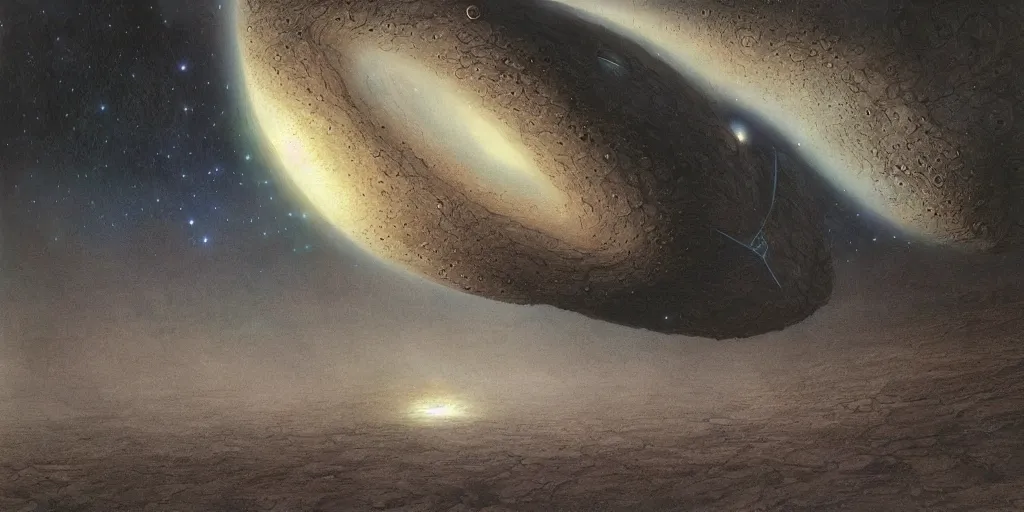 Image similar to Artwork by John Howe of the cinematic view of the Slow wave of the Astro-Asteroid System by John Howe.