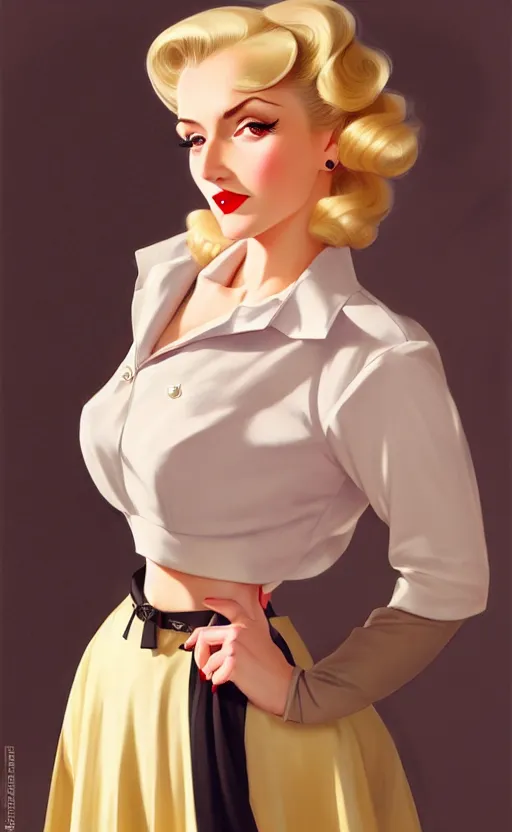 Prompt: a beautiful blonde femme fatale woman wearing a 1 9 4 0 s skirt, silk stockings, and padded shoulders jacket, anime. realistic shaded lighting by ilya kuvshinov giuseppe dangelico pino and michael garmash and rob rey, 8 k