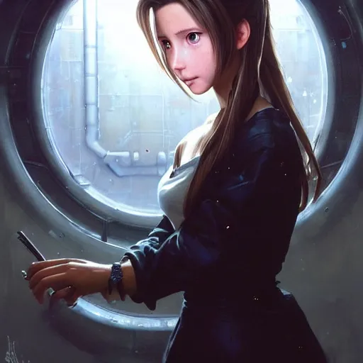 Prompt: Beautiful stunning portrait of Aerith Gainsborough by Greg Rutkowski. Aerith is hiding from a Shinra robot in the Reactor Core by Mark Arian. The Reactor Core is dark and stark and industrial by H.R. Giger. soft render, octane, highly detailed painting by Moebius. artstation Blank Canvas Scene by Tetsuya Nomura.