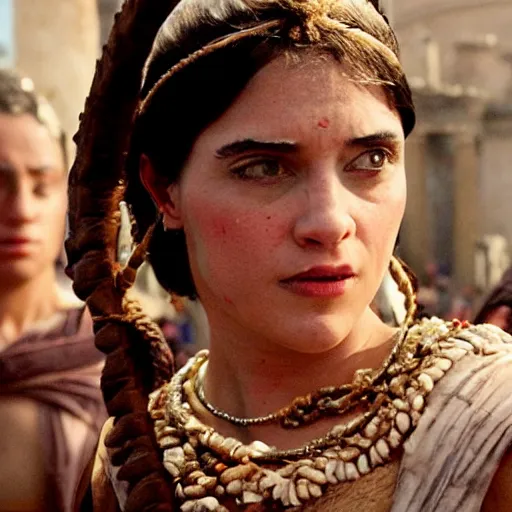 Prompt: scene from a 2 0 1 0 film set in ancient rome showing a woman