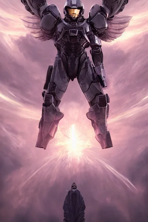 Prompt: portrait of master chief as a one winged angel with a halo behind her, catholic religious art, ornate fractal cloud, sacred, nebula, halo, strong, seductive, imposing, biomechanical, biblical, by moebius and greg rutkowski and artgerm, octane render, trending on artstation