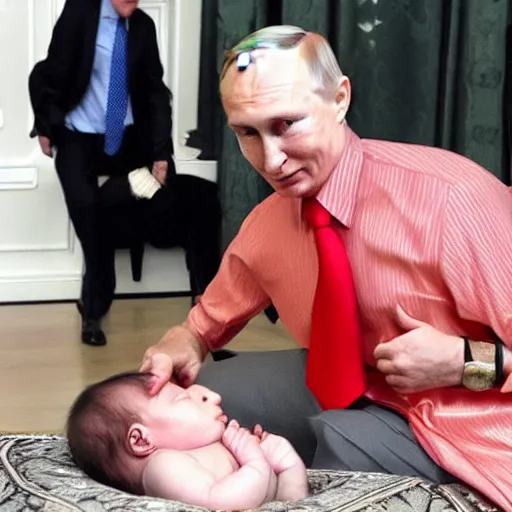 Image similar to Putin giving baby trump a tickle, baby trump in suit with full trump haircut