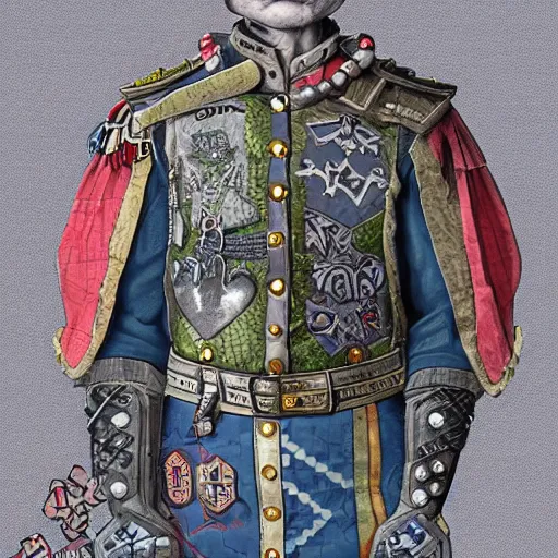 Prompt: a middle aged half - orc wearing a patchwork military uniform jacket with cut sleeves and many charms and baubles worked into the fabric, with an upturned collar. his arms bear rune tattoos, thin fangs show through his lower jaw with a bemused smile. blue grey intelligent eyes. 1 9 th century style