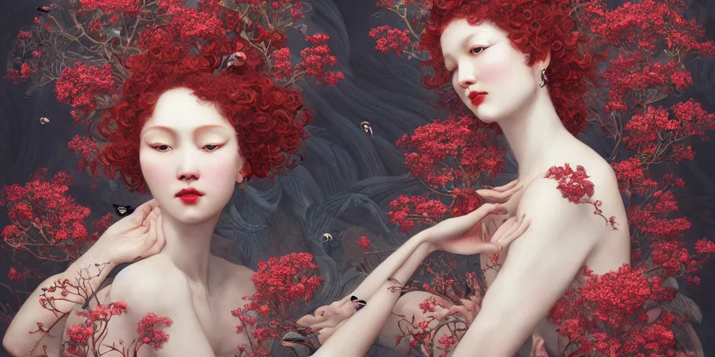 Image similar to breathtaking detailed concept art painting art deco pattern of red short curly hair faces goddesses amalmation flowers with anxious piercing eyes and blend of flowers and birds, by hsiao - ron cheng and john james audubon, bizarre compositions, exquisite detail, extremely moody lighting, 8 k