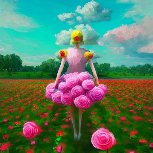 Image similar to giant rose as a head, girl walking in a flower field, surreal photography, sunrise dramatic light, impressionist painting, colorful clouds, digital painting, artstation, simon stalenhag