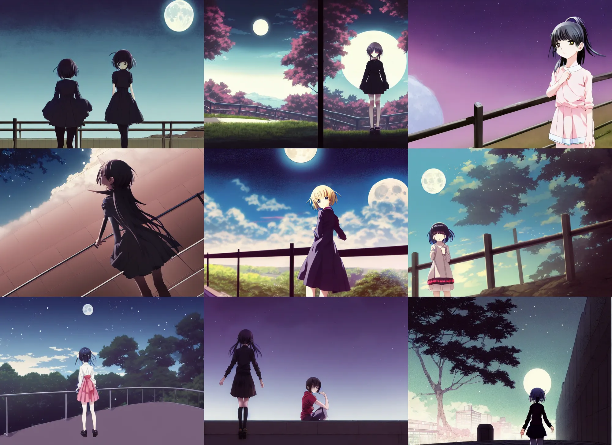 Prompt: anime visual, dark portrait of a young girl sightseeing overlook at from the park exterior, moon, guardrail, cute face by, akihiko yoshida, katsura masakazu, ilya kuvshinov, dynamic pose, dynamic perspective, strong silhouette, murata range, anime cels, flat shading, rounded eyes, realistic proportions, dramatic, detailed facial features