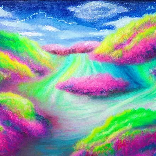 Prompt: a sparkly cotton candy land, landscape painting