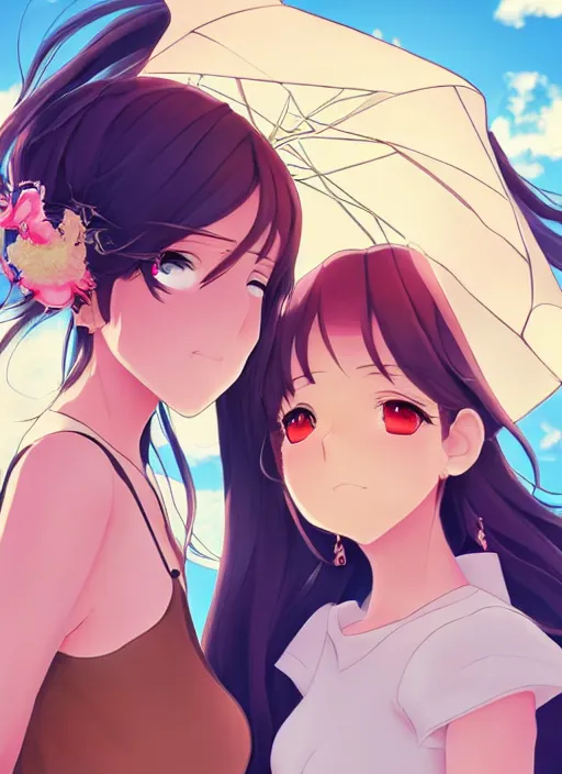 Image similar to two beautiful women under a blue sky, casual summer clothes, gorgeous faces, thick lines, cinematic lighting, detailed anime art