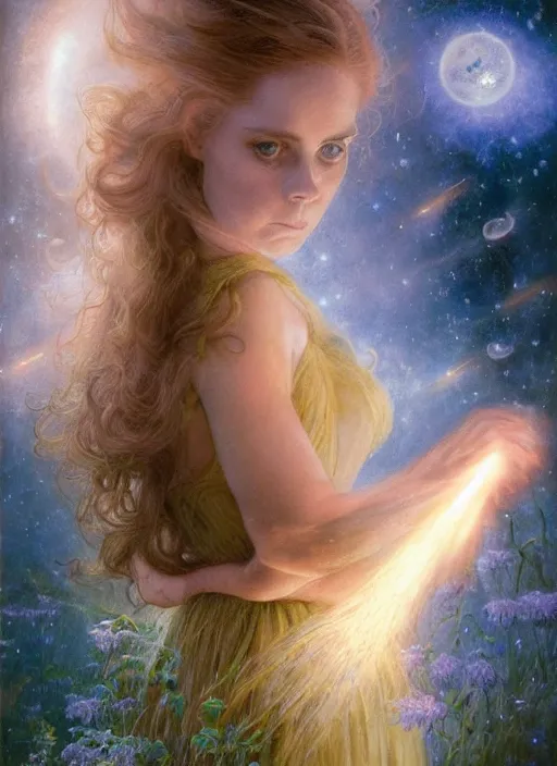 Image similar to Amy Adams staring into the camera, misty wisps, fireflies, Lilia Alvarado, Sophie Anderson, Mark Arian, Bob Byerley, Charlie Bowater, Mark Brooks, Steve Henderson, Justin Gerard, Arthur Hughes, Edward Robert Hughes, Mark Keathley, Victor Nizovtsev, Carlos Shwabe, Ross Tran, WLOP