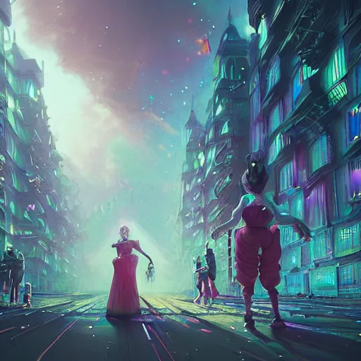 Image similar to highly detailed surreal vfx, 3 d matte render, vr goggles, mannequins, dj rave party, stephen bliss, unreal engine, greg rutkowski, loish, rhads, beeple, makoto shinkai and lois van baarle, ilya kuvshinov, rossdraws, tom bagshaw, global illumination, detailed and intricate environment