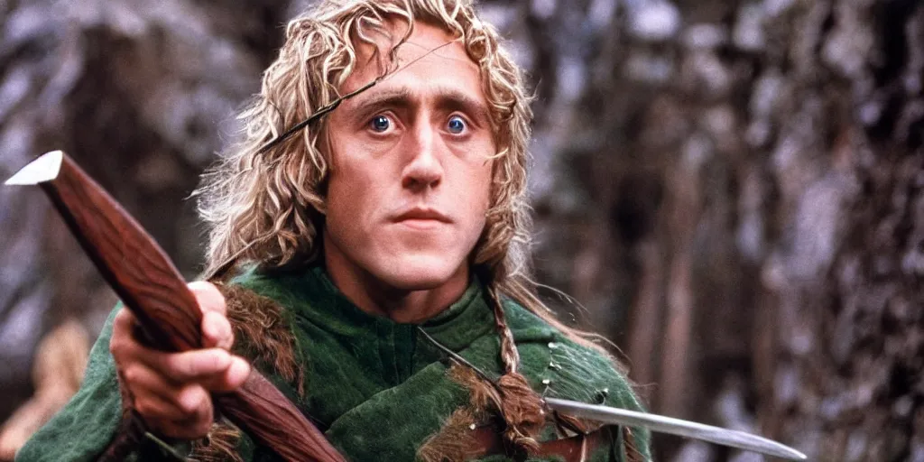 Image similar to A full color still of Roger Daltrey playing Legolas in Stanley Kubrick’s The Lord of the Rings, 35mm, 1970
