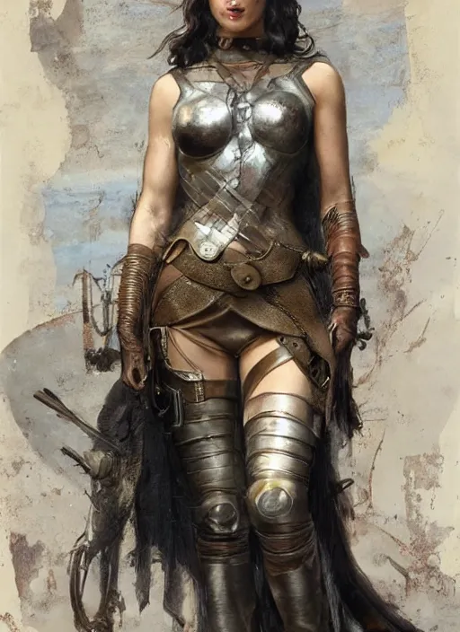 Image similar to highly detailed steampunk gal gadot standing, steel age : leonardo da vinci, greg rutkowski, magali villeneuve