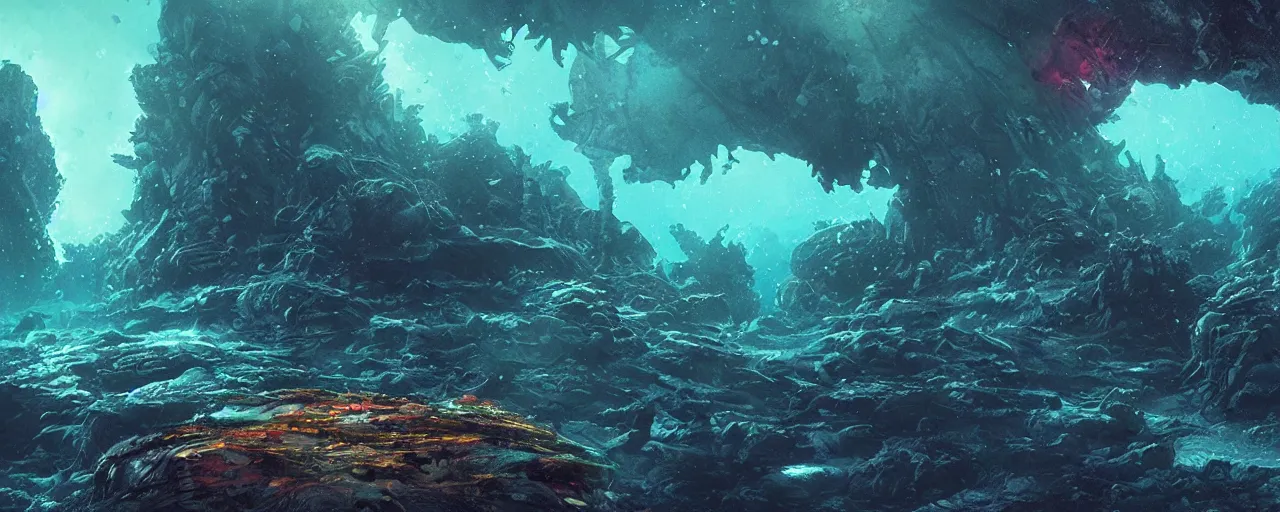 Image similar to ” underwater otherwordly landscape, [ deepsea, cinematic, detailed, epic, widescreen, opening, establishing, mattepainting, photorealistic, realistic textures, octane render, art by slop and paul lehr ] ”