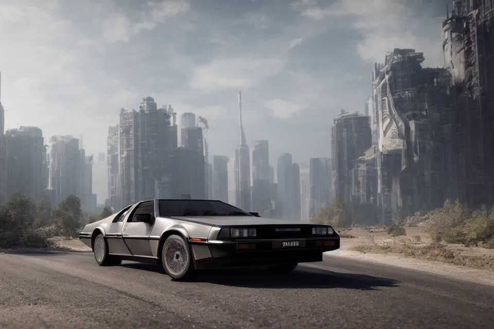 Prompt: ultra realistic delorean dmc 5 drifting on a ancient space highway, dark cinematic, volumetric, realistic, 3 d render, realistic render, cinematic lighting, volumetric lighting, atmospheric, cinematic, unreal engine 5, unreal engine render, octane render, hd, photorealism, hyper realistic, photo, 8 k