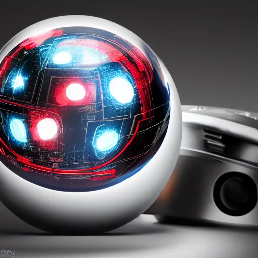 Image similar to A cyberpunk themed Pokeball, professional showroom photograph, studio lighting