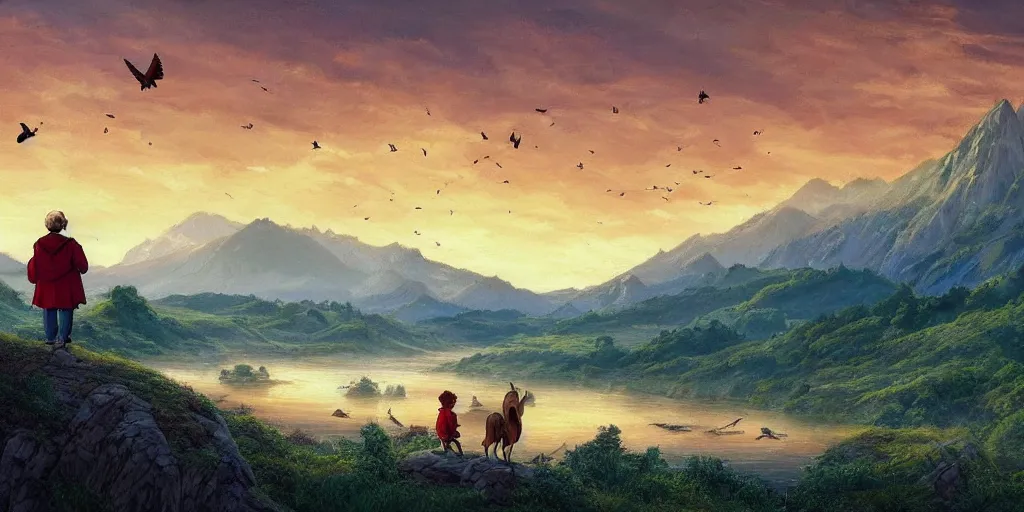 Image similar to A majestic landscape featuring a river, mountains and a forest. A group of birds is flying in the sky. There is an old man with a dog standing next to him. The man is wearing a backpack. They are both staring at the sunset. Cinematic, very beautiful, painting in the style of Winnie the pooh