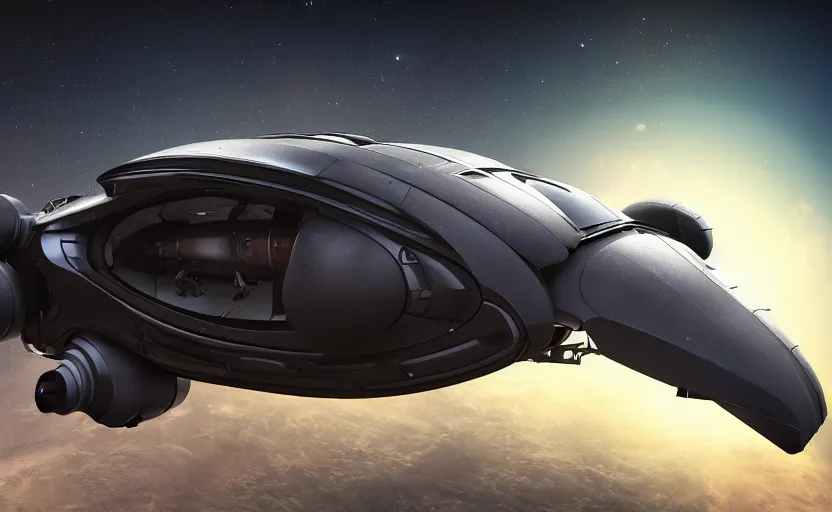 Image similar to a spaceship version of the vw beetle floating in the space, masterpiece, hyperrealistic, futuristic, symmetrical, octane render, unreal engine 5, path traced, highly detailed, high quality, 8 k, cinematic, high coherence, soft lighting, spacecraft, bloom