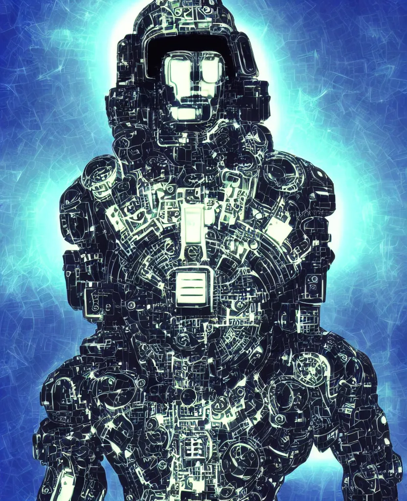 Prompt: techno - spiritual futurist machine soldier, perfect future, award winning digital art