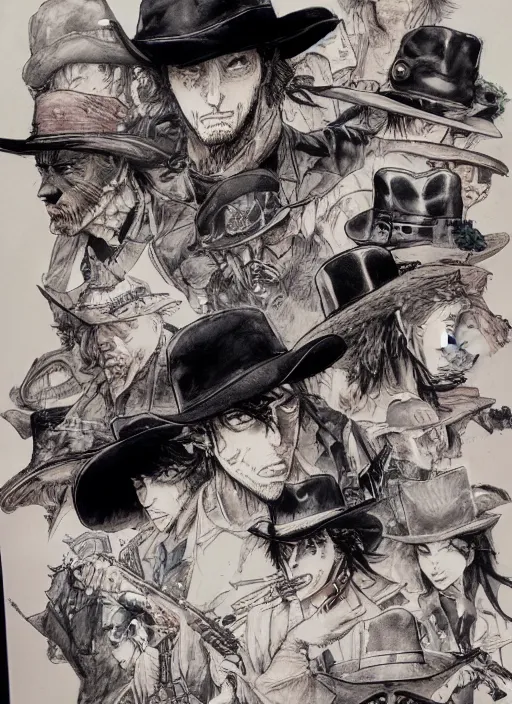 Image similar to a gunslinger wearing various hats on top of hats, by takehiko inoue and kim jung gi and hiroya oku, masterpiece ink illustration