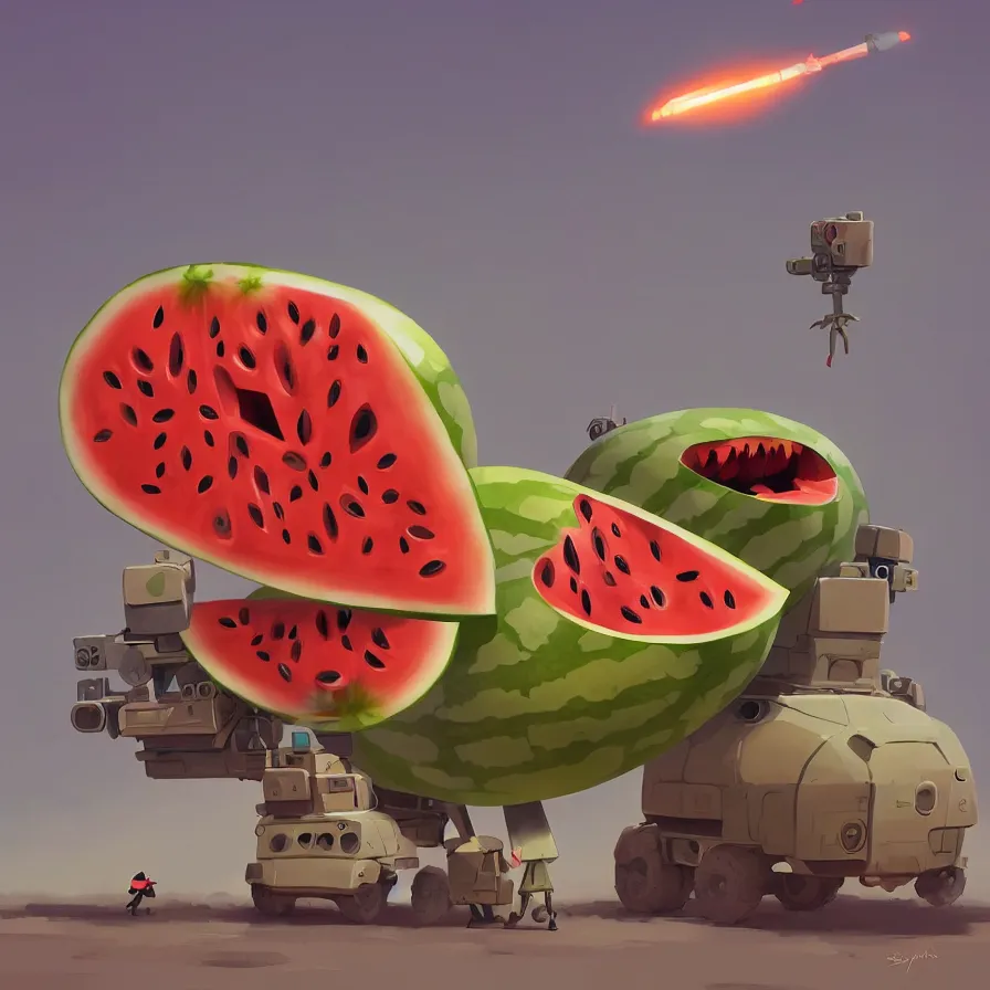 Image similar to Goro Fujita illustrating a watermelon military machine defending a city, art by Goro Fujita, sharp focus, highly detailed, ArtStation