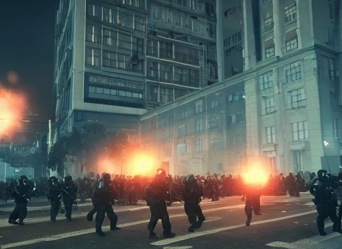 Image similar to crowd of working citizens protests war being dispersed by police while missles and bombs explode buildings in the city, DSLR 35mm, by WLOP and Aleksandr Deyneka and Andrei Popov, Unreal Engine 5, Lumen, Nanite