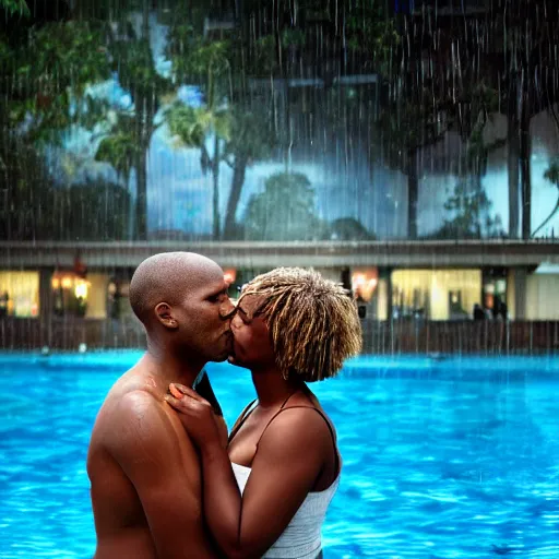 Prompt: african american man and blonde white woman kissing in the rain at a pool. digital art