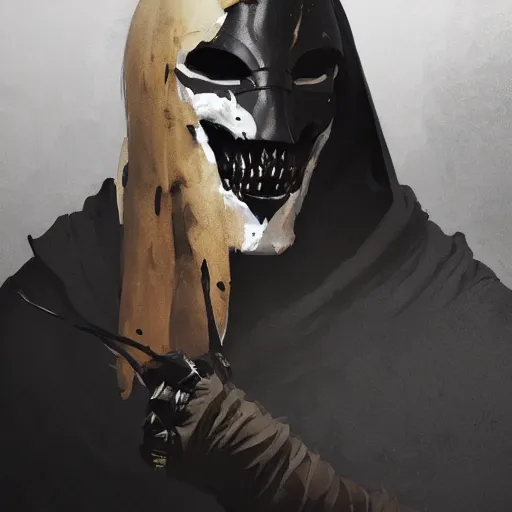 Image similar to portrait of a character wearing a black cloak, with a white mask in the shape of a cow skull, the mask covers her entire face, dramatic lighting, illustration by Greg rutkowski, yoji shinkawa, 4k, digital art, concept art, trending on artstation