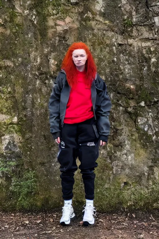 Prompt: beautiful red haired british woman in techwear, techwear look and clothes, hyper-maximalist, highly-detailed and intricate, ACRNYM, Errolson Hugh, Y3, trending on r/streetwear, outfit photo, we see them from head to toe