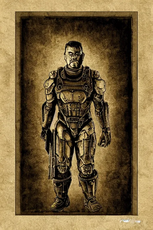 Prompt: doomguy, portrait, full body, symmetrical features, silver iodide, 1 8 8 0 photograph, sepia tone, aged paper, sergio leone, master prime lenses, cinematic