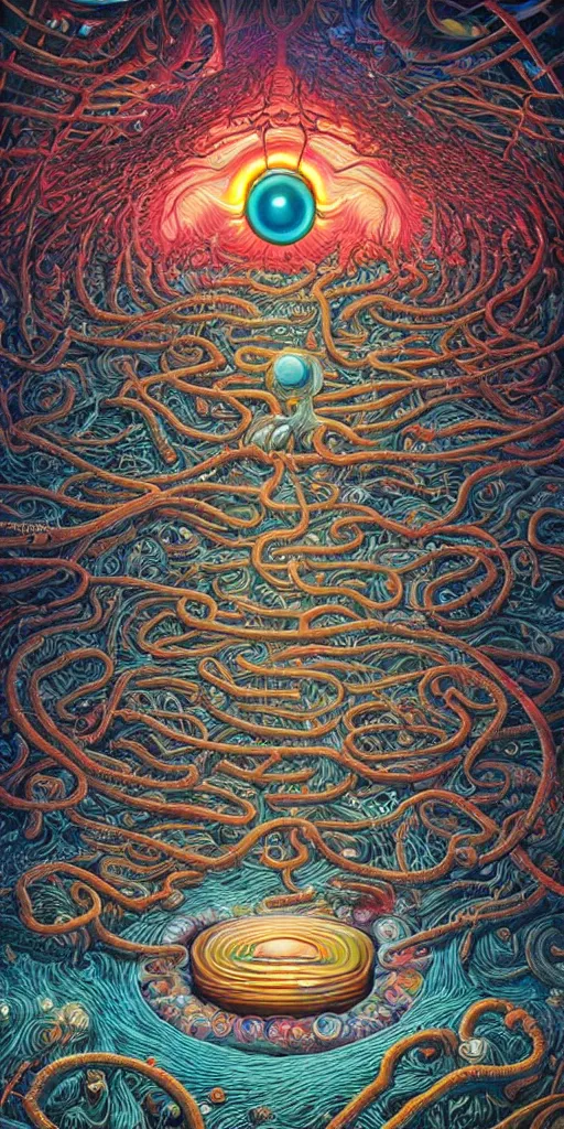 Prompt: the day the brain and the eyeball discovered that we were in a simulation by james jean, by jacek yerka, bioluminescence, rainbow, lovecraftian, masterpiece, vibrant colors, cosmic horror, poster art, clear focus, cinematic lighting, hyper detailed