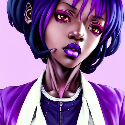 Image similar to portrait of a black anime manga girl, french bob hair, white hair, purple colored eyes, by artgerm, james jean, tom bagshaw, gerald brom, vaporwave colors, lofi colors, vaporwave, lofi, goth vibe, 4 k, smooth, hd, substance designer render, full body character concept art, symmetrical, 2 point lighting,